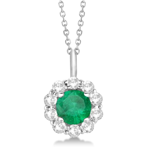 Halo Diamond and Emerald Lady Di Pendant Necklace 14K White Gold (1.69ct)