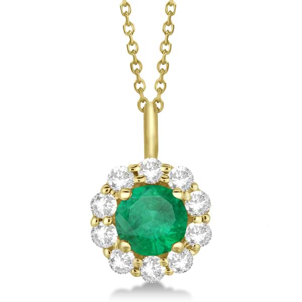 Halo Diamond and Emerald Lady Di Pendant Necklace 14K Yellow Gold (1.69ct)