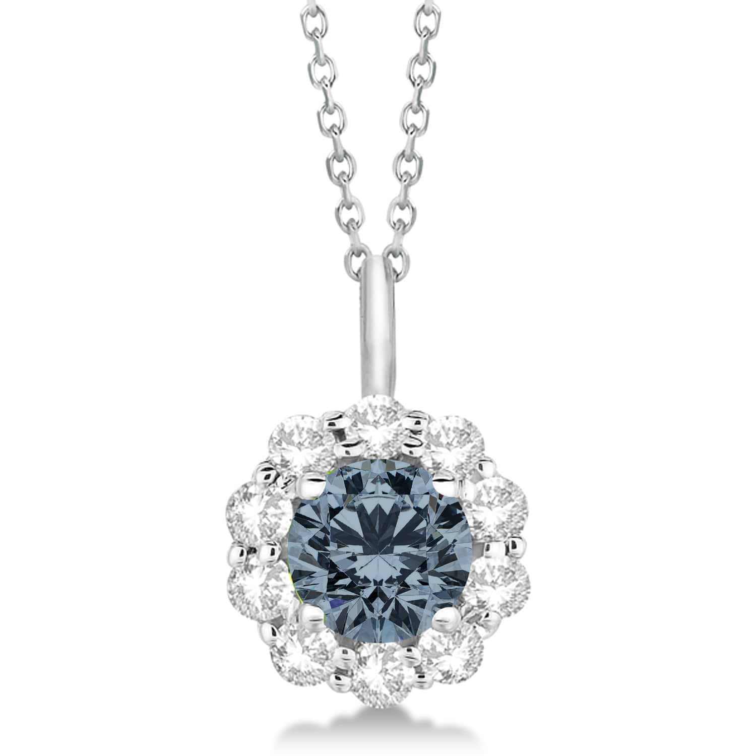 Halo Diamond and Gray Spinel Lady Di Pendant Necklace 18k White Gold (1.69ct)