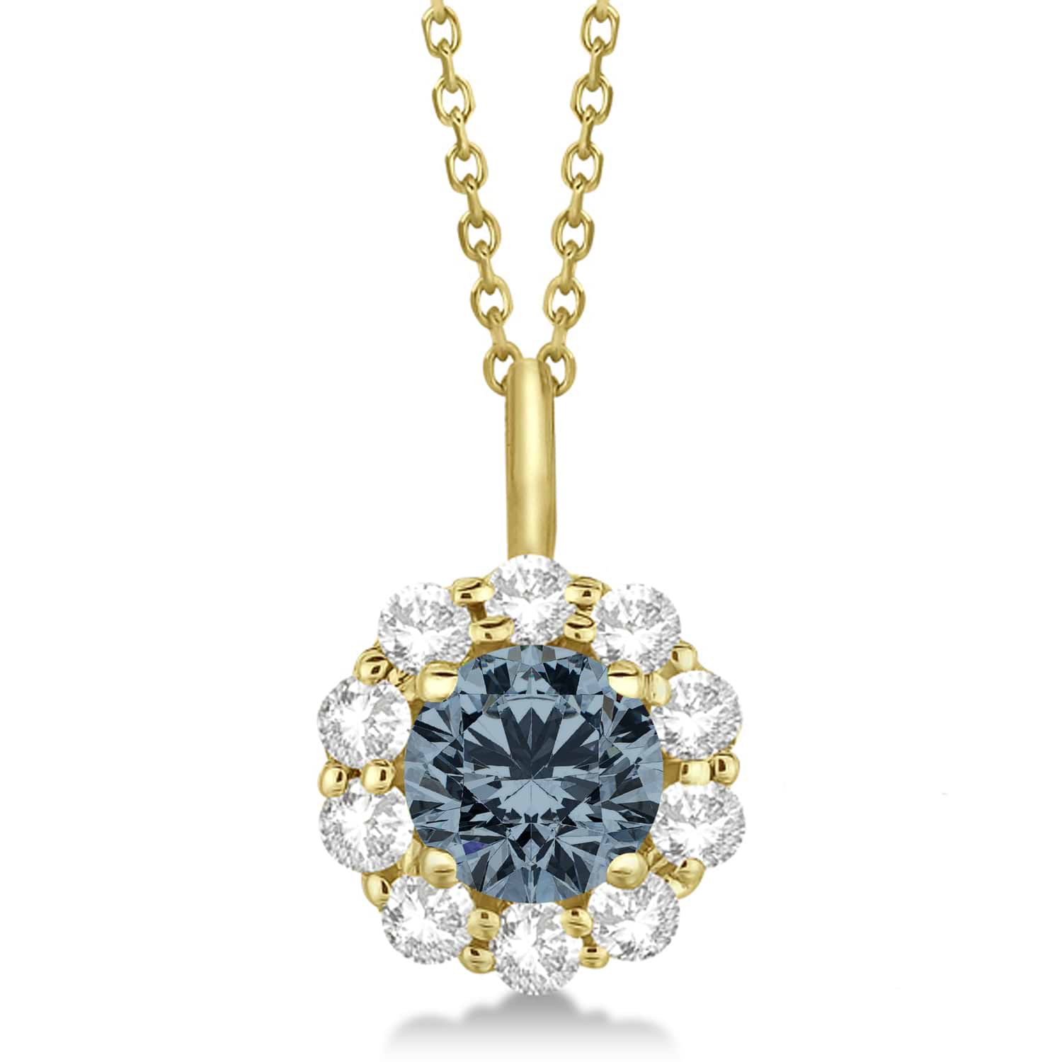 Halo Diamond and Gray Spinel Lady Di Pendant Necklace 18k Yellow Gold (1.69ct)