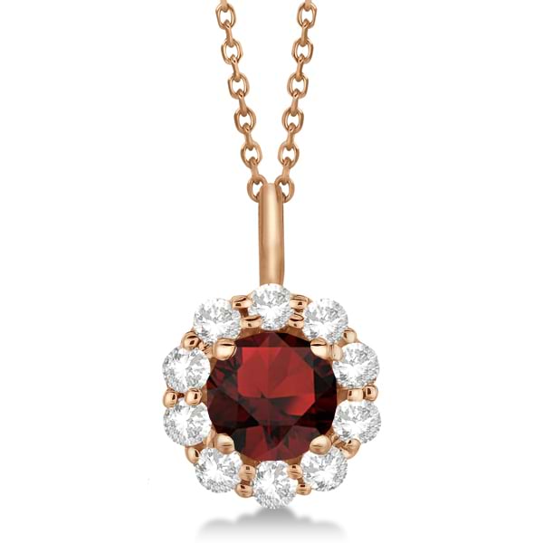 Halo Diamond and Garnet Lady Di Pendant Necklace 14K Rose Gold (1.69ct)