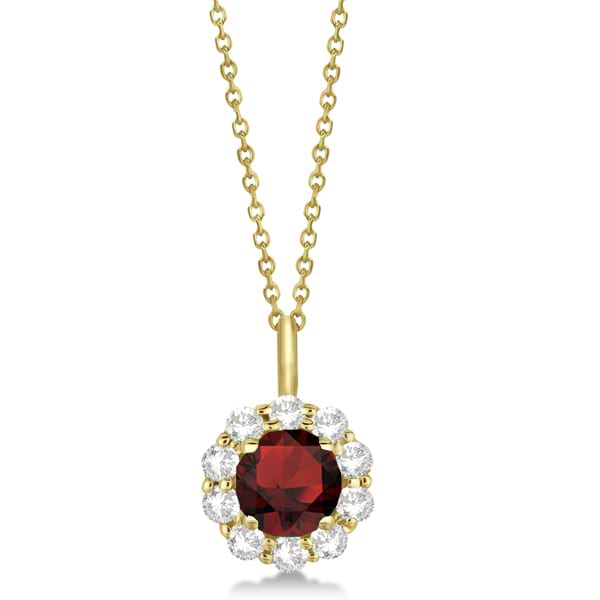 Halo Diamond and Garnet Lady Di Pendant Necklace 14K Yellow Gold (1.69ct)