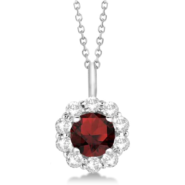 Halo Diamond and Garnet Lady Di Pendant Necklace 18k White Gold (1.69ct)