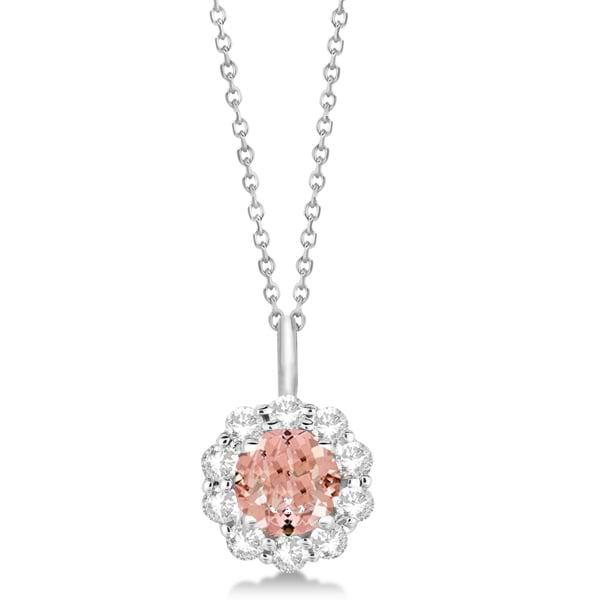 Halo Diamond and Morganite Lady Di Pendant Necklace 14K White Gold (1.69ct)