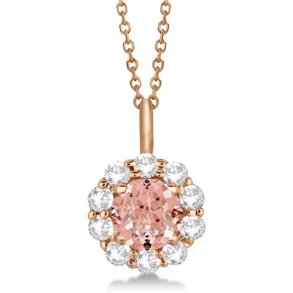 Halo Diamond and Morganite Lady Di Pendant Necklace 18k Rose Gold (1.69ct)