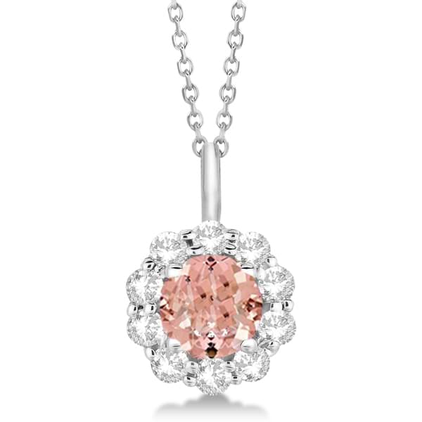 Halo Diamond and Morganite Lady Di Pendant Necklace 18k White Gold (1.69ct)
