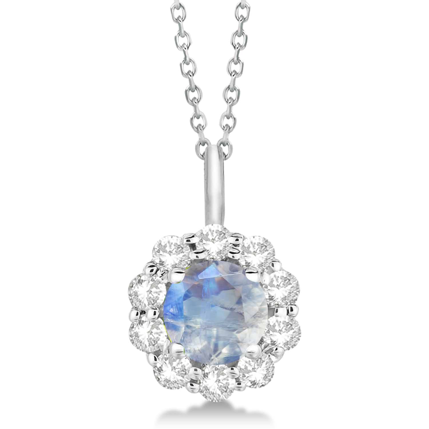 Halo Diamond and Moonstone Lady Di Pendant Necklace 18k White Gold (1.69ct)