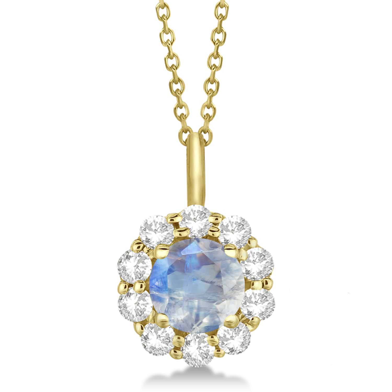 Halo Diamond and Moonstone Lady Di Pendant Necklace 18k Yellow Gold (1.69ct)