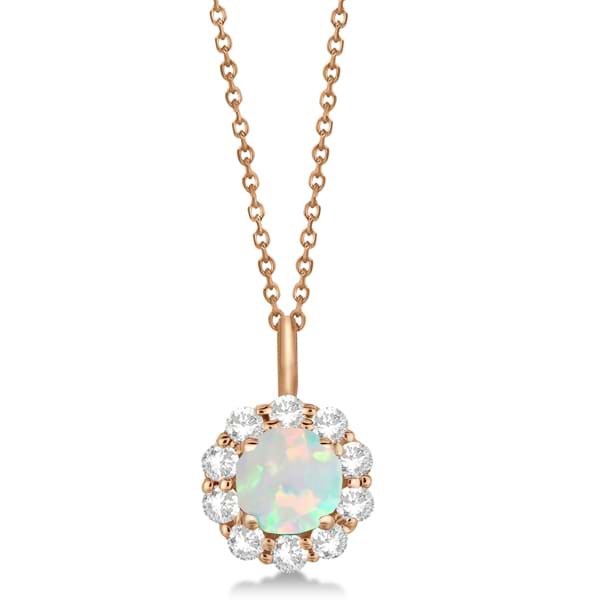 Halo Diamond and Opal Lady Di Pendant Necklace 14K Rose Gold (1.69ct)