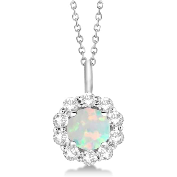 Halo Diamond and Opal Lady Di Pendant Necklace 14K White Gold (1.69ct)