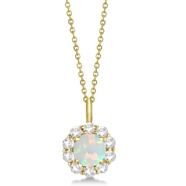 Halo Diamond and Opal Lady Di Pendant Necklace 14K Yellow Gold (1.69ct)
