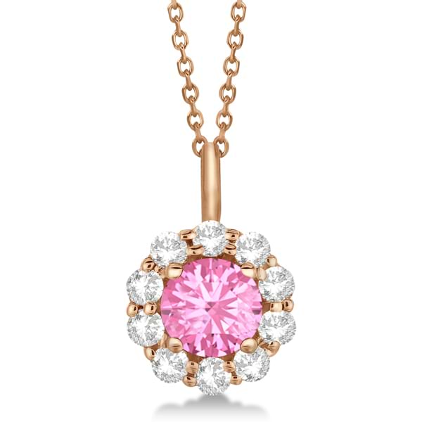 Halo Diamond and Pink Tourmaline Lady Di Pendant Necklace 14K Rose Gold (1.69ct)