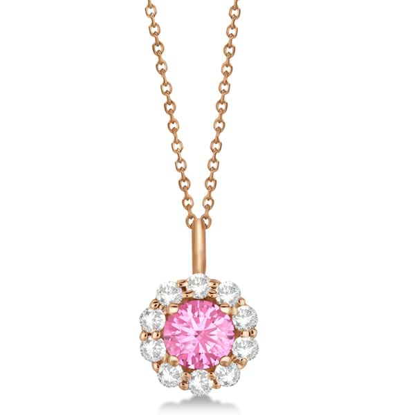Halo Diamond and Pink Tourmaline Lady Di Pendant Necklace 14K Rose Gold (1.69ct)
