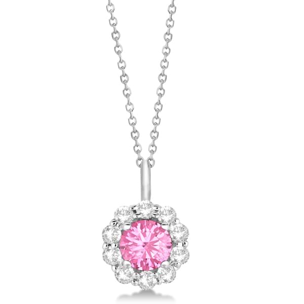 Halo Diamond and Pink Tourmaline Lady Di Pendant Necklace 14K White Gold (1.69ct)