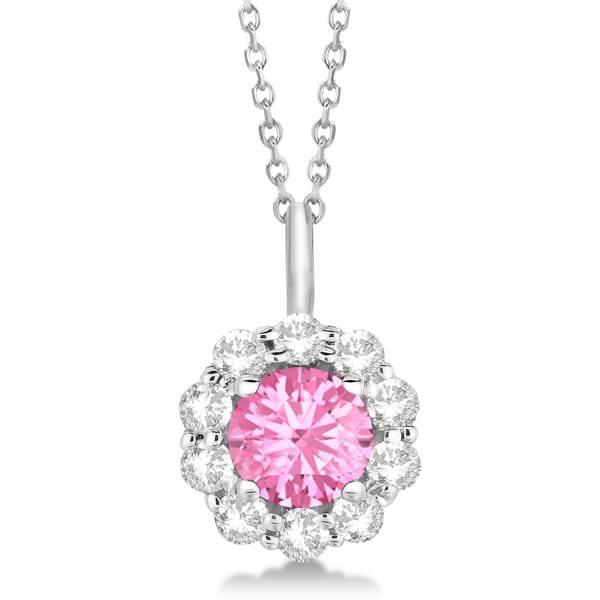 Halo Diamond and Pink Tourmaline Lady Di Pendant Necklace 18k White Gold (1.69ct)