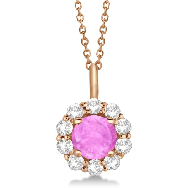 Halo Diamond and Pink Sapphire Lady Di Pendant Necklace 14K Rose Gold (1.69ct)