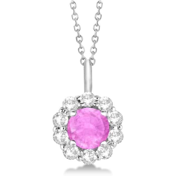 Halo Diamond and Pink Sapphire Lady Di Pendant Necklace 14K White Gold (1.69ct)