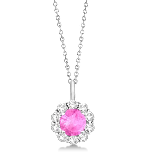 Halo Diamond and Pink Sapphire Lady Di Pendant Necklace 14K White Gold (1.69ct)