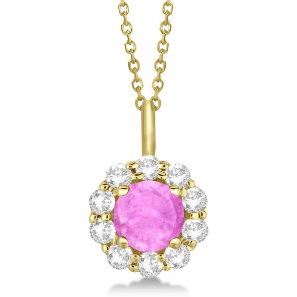 Halo Diamond and Pink Sapphire Lady Di Pendant Necklace 18k Yellow Gold (1.69ct)