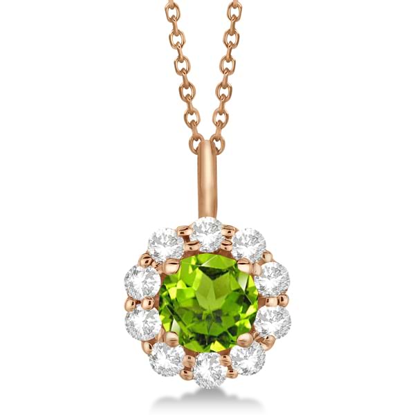 Halo Diamond and Peridot Lady Di Pendant Necklace 14K Rose Gold (1.69ct)
