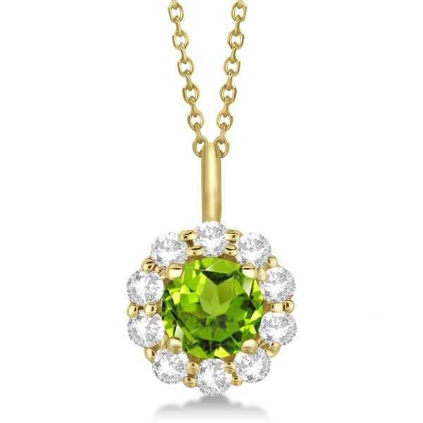 Halo Diamond and Peridot Lady Di Pendant Necklace 14K Yellow Gold (1.69ct)