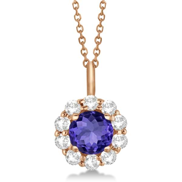 Halo Diamond and Tanzanite Lady Di Pendant Necklace 14K Rose Gold (1.69ct)