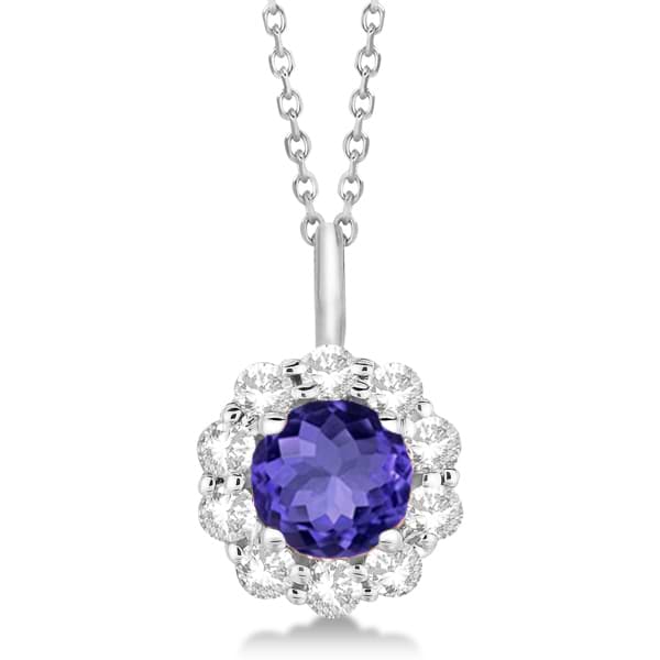 Halo Diamond and Tanzanite Lady Di Pendant Necklace 14K White Gold (1.69ct)