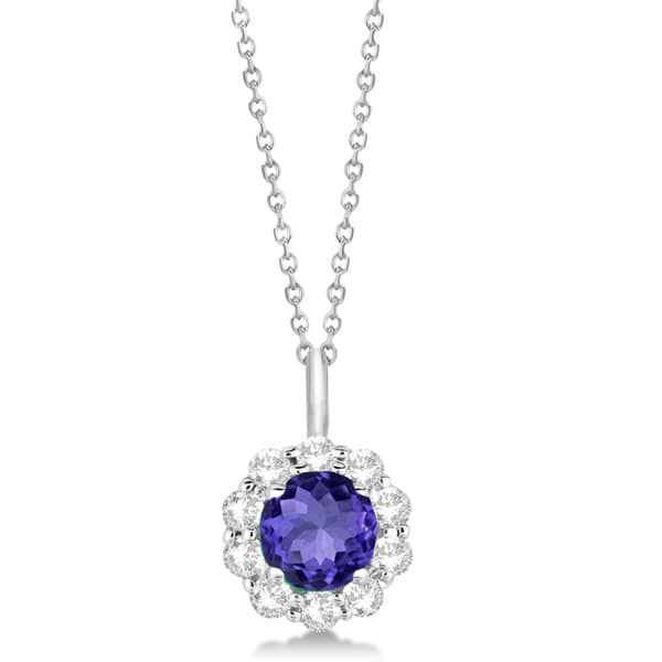 Halo Diamond and Tanzanite Lady Di Pendant Necklace 14K White Gold (1.69ct)