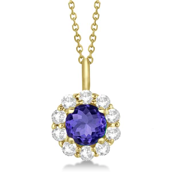 Halo Diamond and Tanzanite Lady Di Pendant Necklace 18k Yellow Gold (1.69ct)