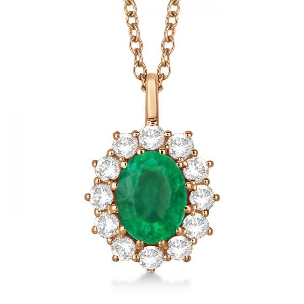 Oval Lab Emerald and Lab  Diamond Pendant Necklace 14k Rose Gold (3.60ctw)