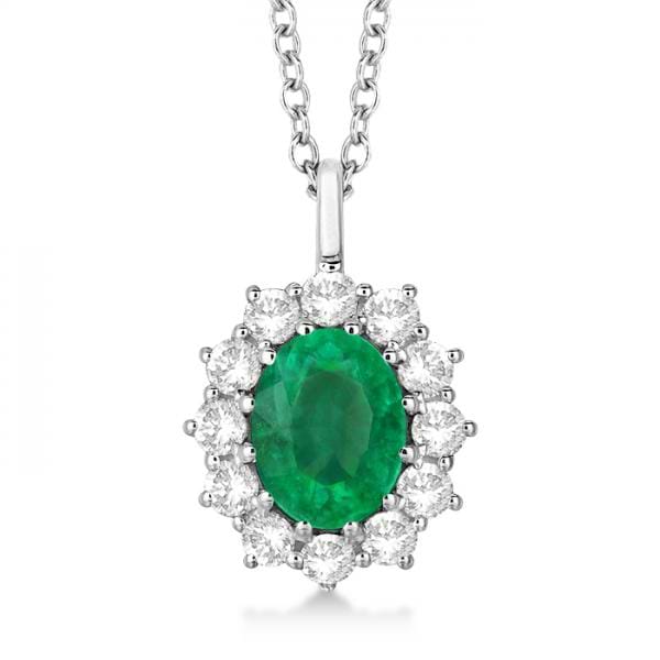 Oval Lab Emerald and Lab  Diamond Pendant Necklace 14k White Gold (3.60ctw)