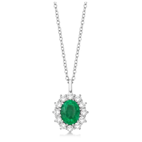 Oval Emerald and Diamond Pendant Necklace 14k White Gold 3.60ct - IP224