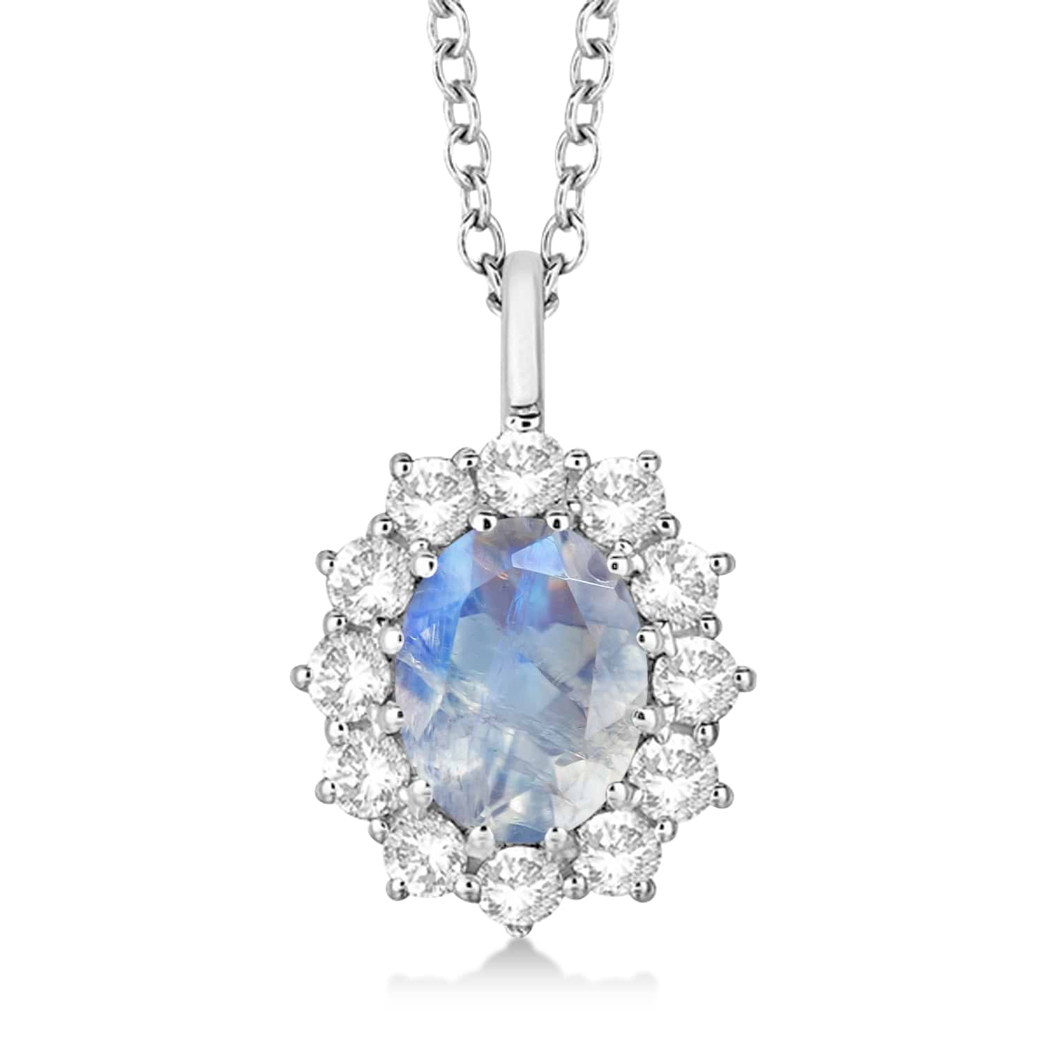 Oval Moonstone and Diamond Pendant Necklace 14k White Gold (2.80ctw)