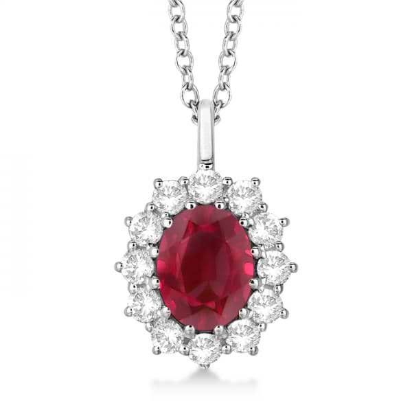 Oval Lab Ruby and Lab  Diamond Pendant Necklace 14k White Gold (3.60ctw)