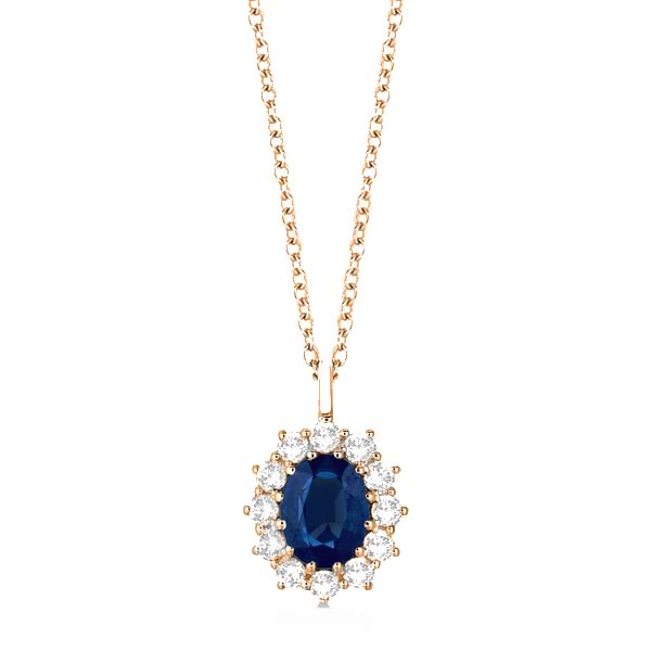 Oval Blue Sapphire & Diamond Pendant Necklace 14k Rose Gold (3.60ctw)