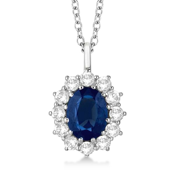 Oval Lab Blue Sapphire & Lab  Diamond Pendant Necklace 18k White Gold (3.60ctw)