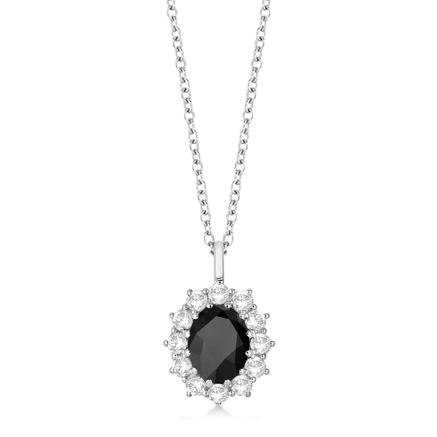Oval Onyx and Diamond Pendant Necklace 14k White Gold 3.60ctw - AZ9787