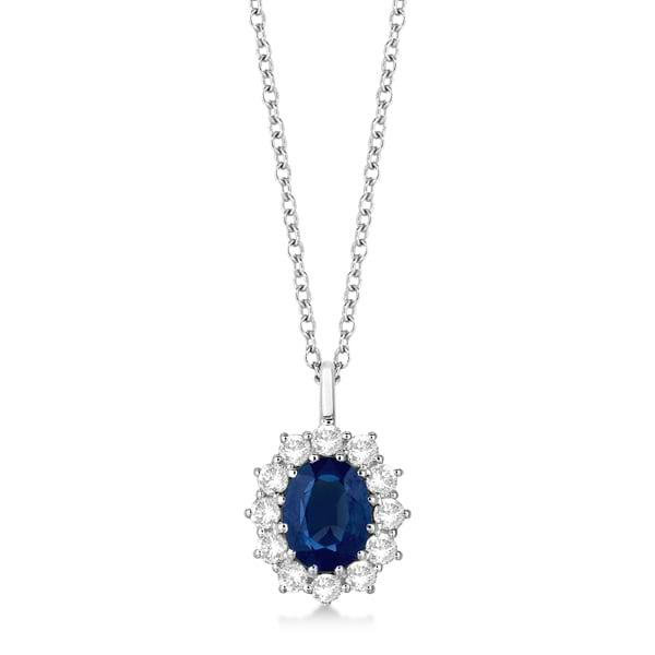 Oval Blue Sapphire & Diamond Pendant Necklace 14k White Gold (3.60ctw)