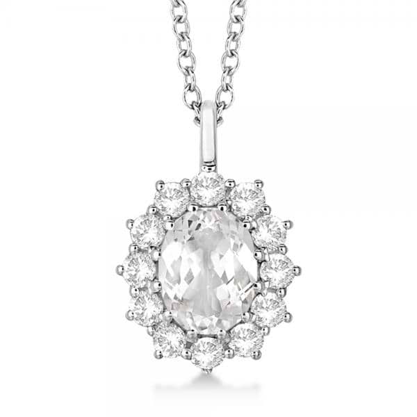 Oval White Topaz & Diamond Pendant Necklace 14k White Gold (3.60ct)