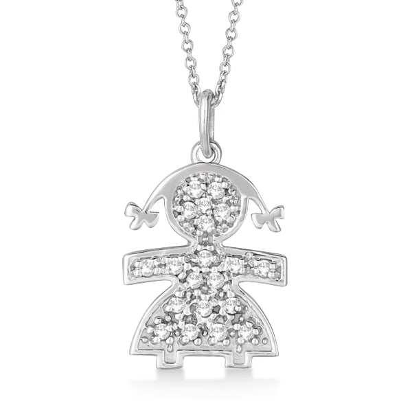 Pave-Set Diamond Girl Shape Pendant Necklace 14K White Gold (0.15ct)
