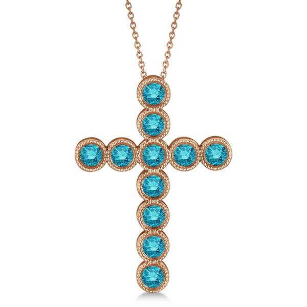 Blue Diamond Cross Pendant Necklace 14k Rose Gold (1.57ct)