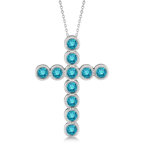 Blue Diamond Cross Pendant Necklace 14k White Gold (1.57ct)