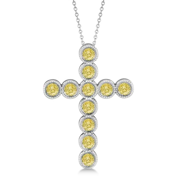 Yellow Diamond Cross Pendant Necklace 14k White Gold (1.57ct)