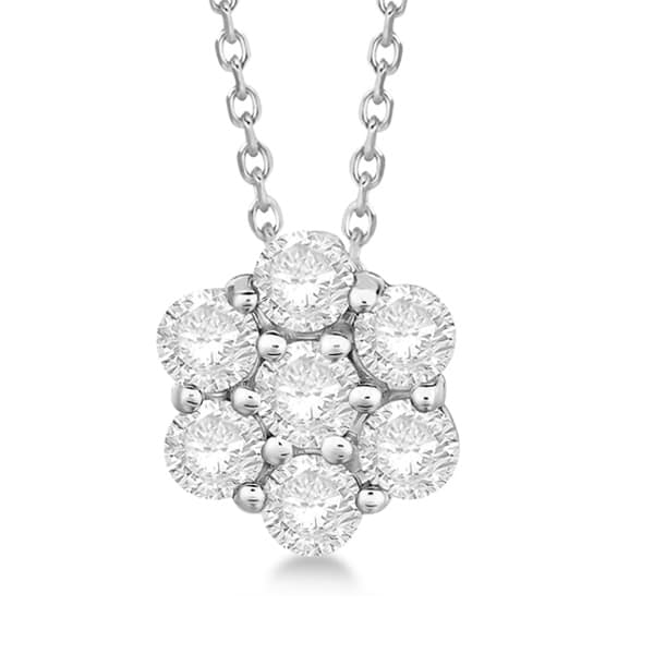 Cluster Diamond Flower Pendant Necklace 14K White Gold (1.00ct)