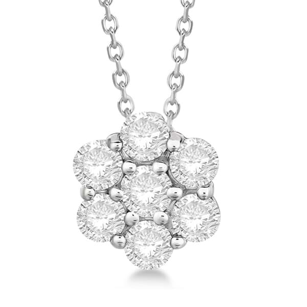 Cluster Diamond Flower Pendant Necklace 14K White Gold (1.50ct)