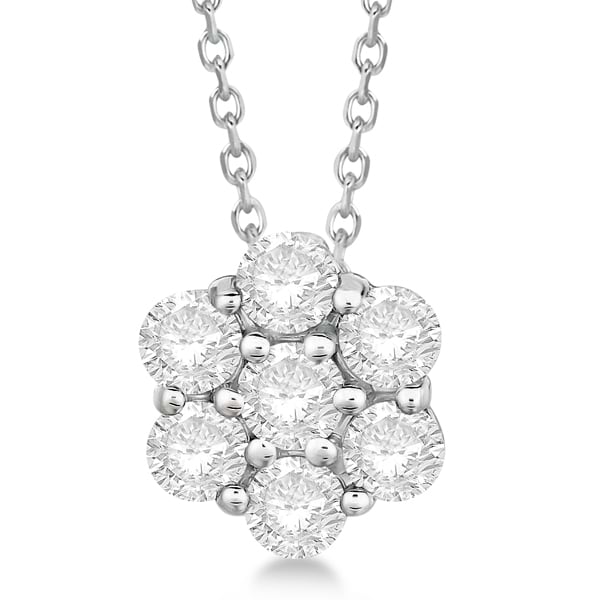 Cluster Diamond Flower Pendant Necklace 14K White Gold (1.75ct)