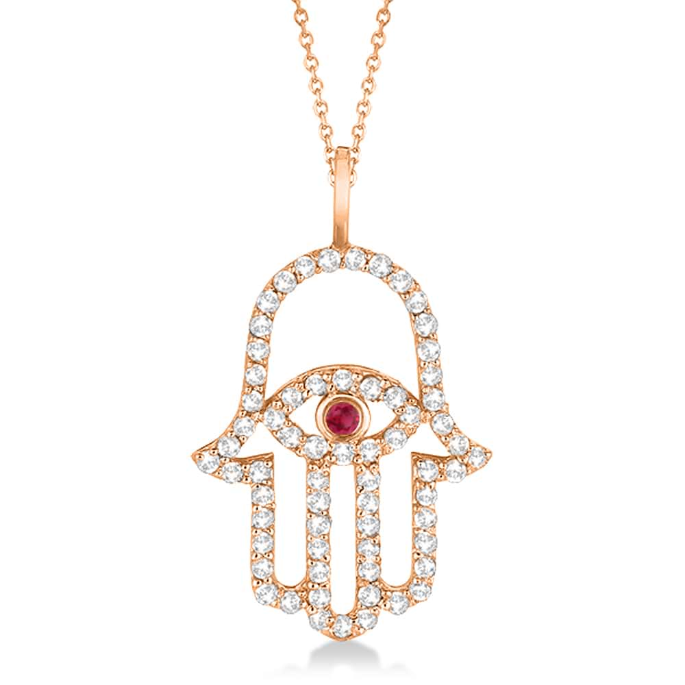 Diamond & Ruby Hamsa Evil Eye Pendant Necklace 14k Rose Gold (0.51ct)