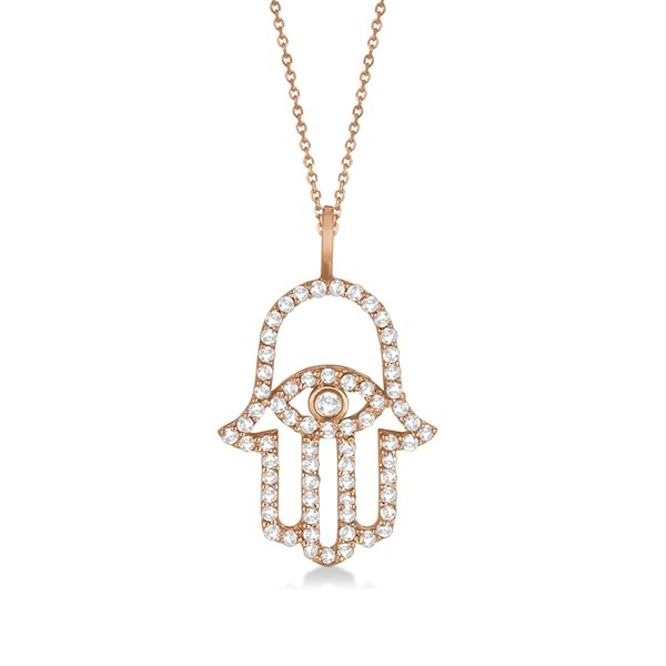 Diamond Hamsa Evil Eye Pendant Necklace 14k Rose Gold (0.51ct)