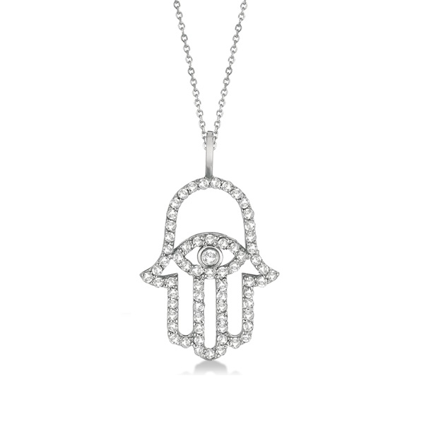 Diamond Hamsa Evil Eye Pendant Necklace 18k White Gold (0.51ct)