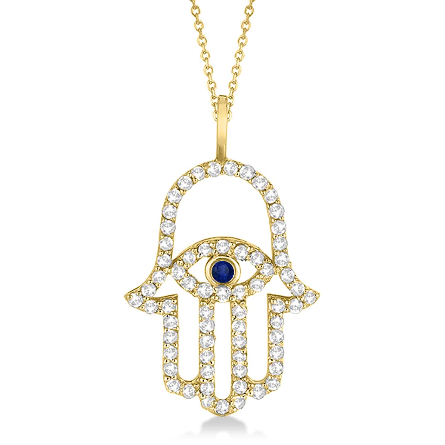 Diamond & Blue Sapphire Hamsa Evil Eye Pendant Necklace 14k Yellow Gold (0.51ct)
